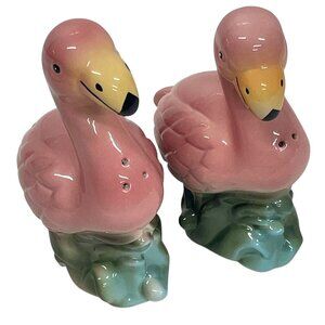 Vintage Flamingo Ceramic Salt Pepper Shakers Pink Green Coastal Beach MCM